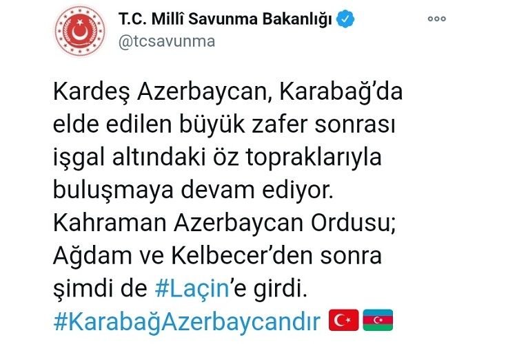 Türkiyənin Müdafiə Nazirliyi Laçının işğaldan azad olunması ilə bağlı paylaşım edib