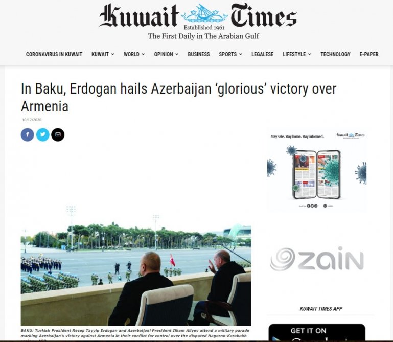 “KuwaitTimes” qəzetində Azərbaycanın Zəfər paradı haqqında məqalə dərc edilib