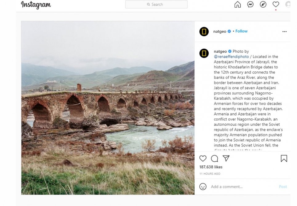 “National Geographic” “Instagram” səhifəsində Xudafərin körpüsünün fotosunu paylaşıb