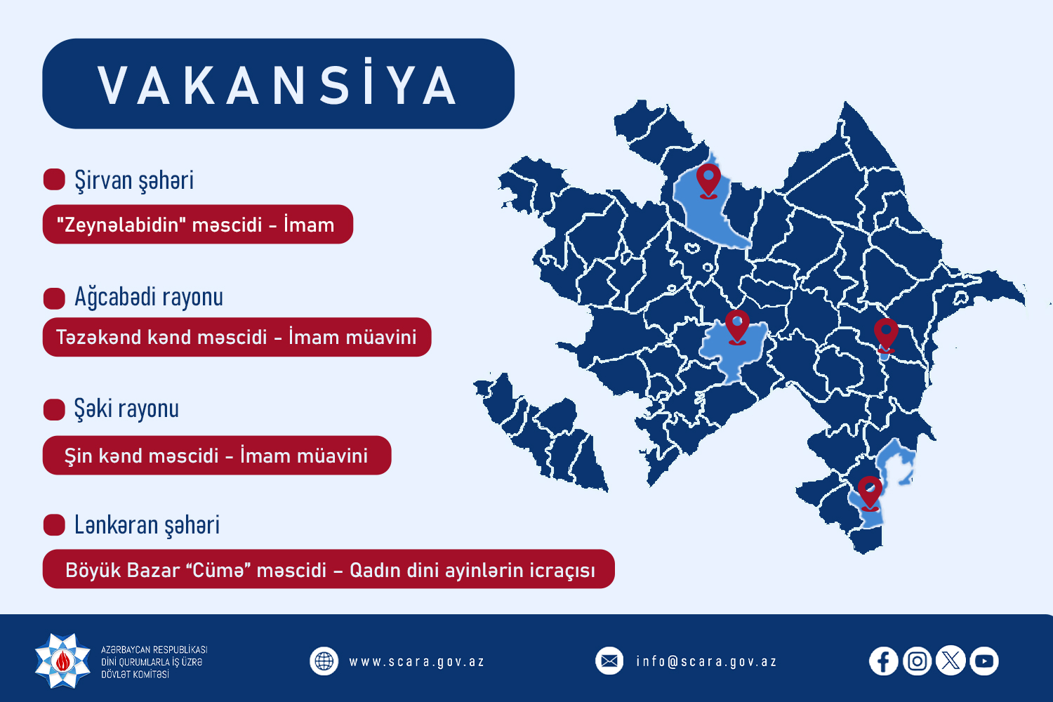 İslam dininə aid ibadət yerlərində (məscidlər) vakant vəzifələrin tutulması üçün növbəti müsahibə elan edilir